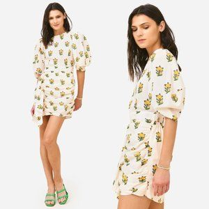 Rhode Pia Ruched Mini Dress SZ 8 Marigold Flower Golden Waterfall Ruffle Skirt